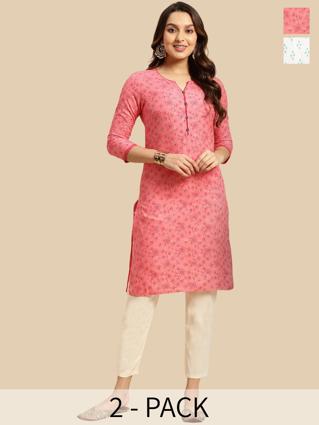 

Rangita Selection Of 2 Floral Printed Straight Kurtas, Pink