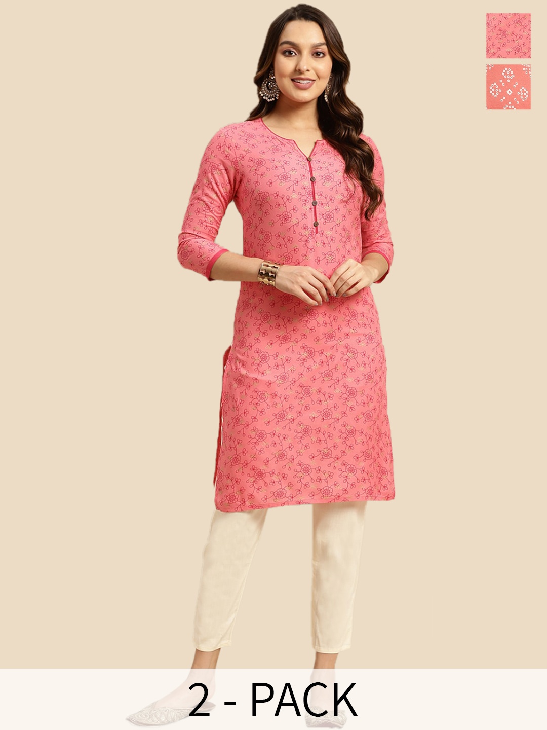 

Rangita Pack of 2 Floral Printed Straight Kurtas, Peach