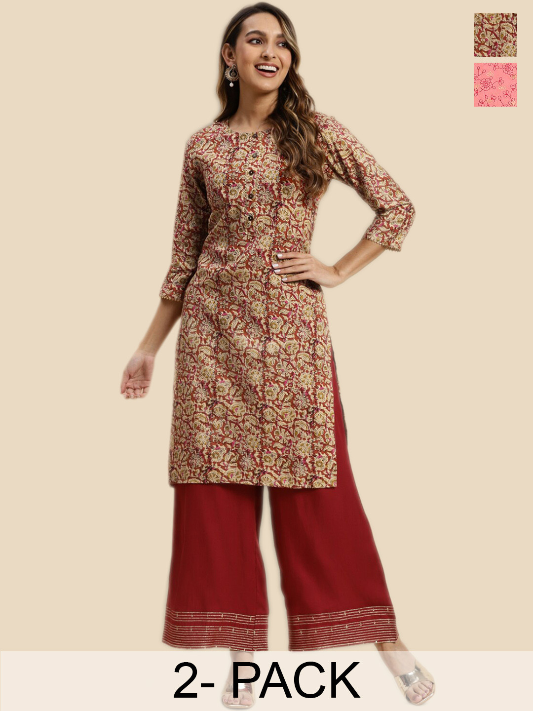 

Rangita Selection Of 2 Floral Printed Round Neck Straight Kurtas, Pink