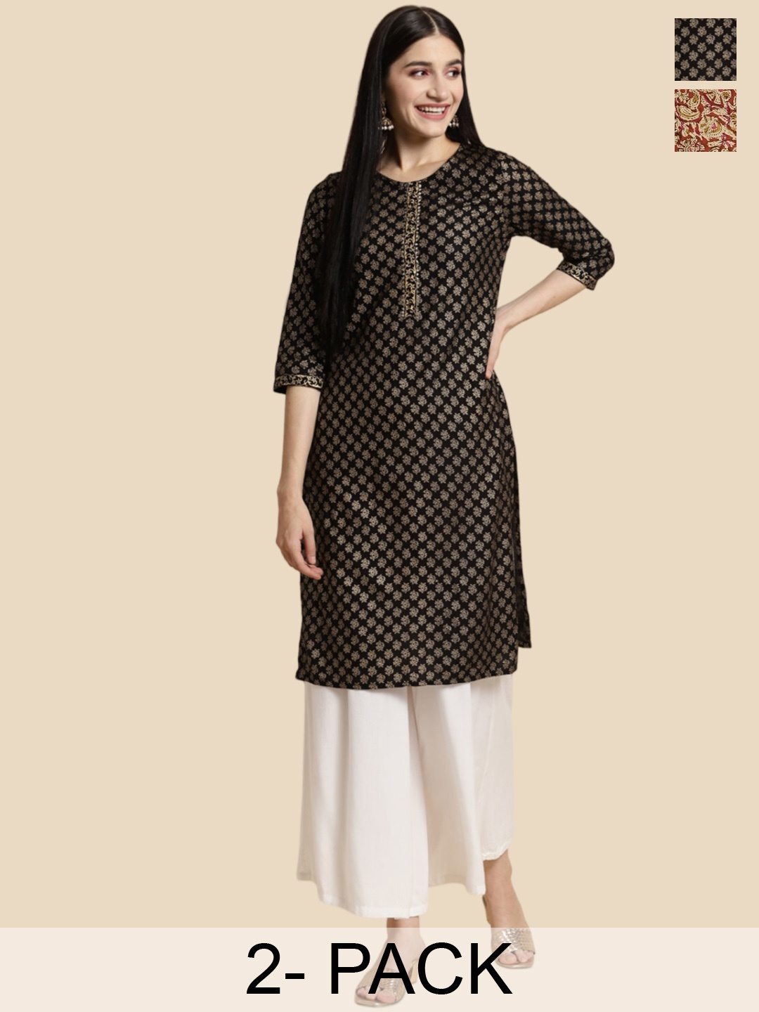 

Rangita Selection Of 2 Floral Printed Straight Kurtas, Black