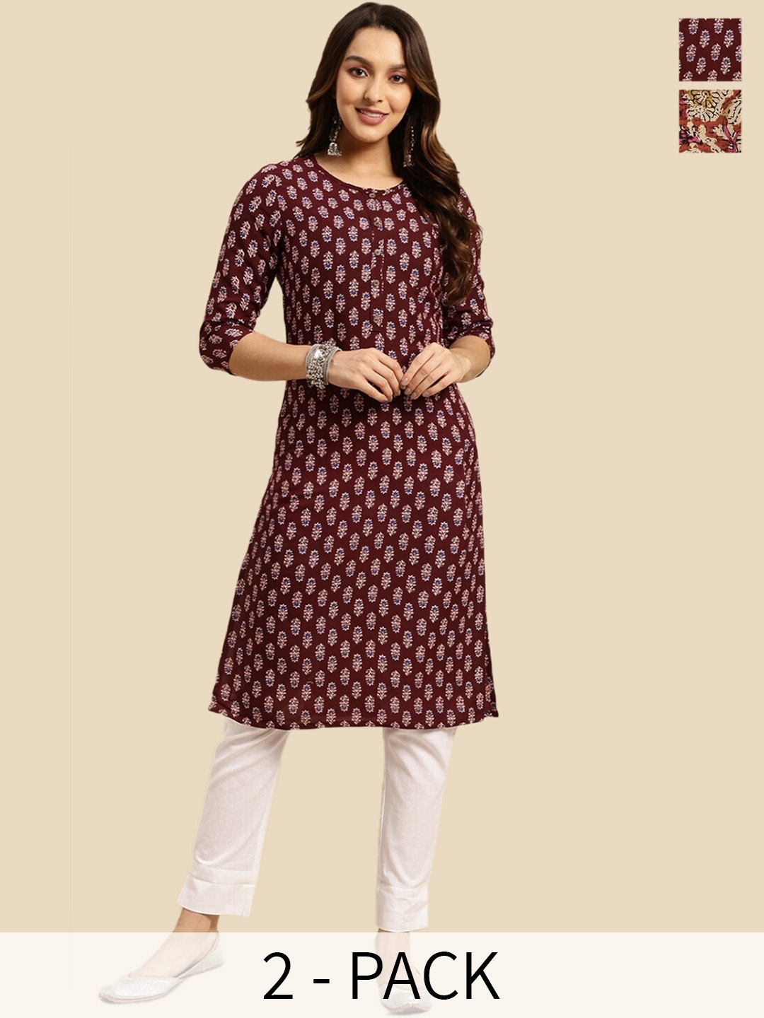 

Rangita Pack of 2 Floral Printed Straight Kurtas, Rust