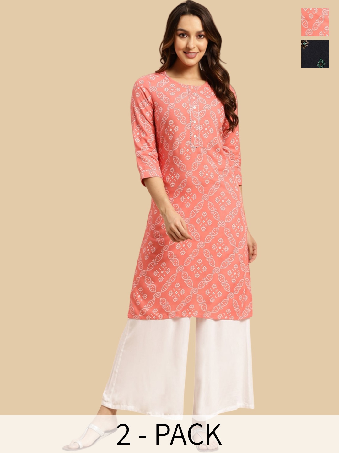 

Rangita Selection of 2 Printed Gotta Patti Straight Kurtas, Peach