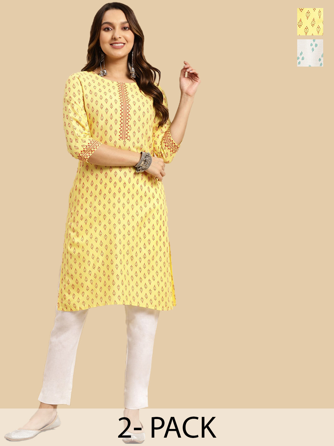 

Rangita Selection Of 2 Ethnic Motifs Printed Round Neck Three-Quarter Sleeves Kurta, Yellow