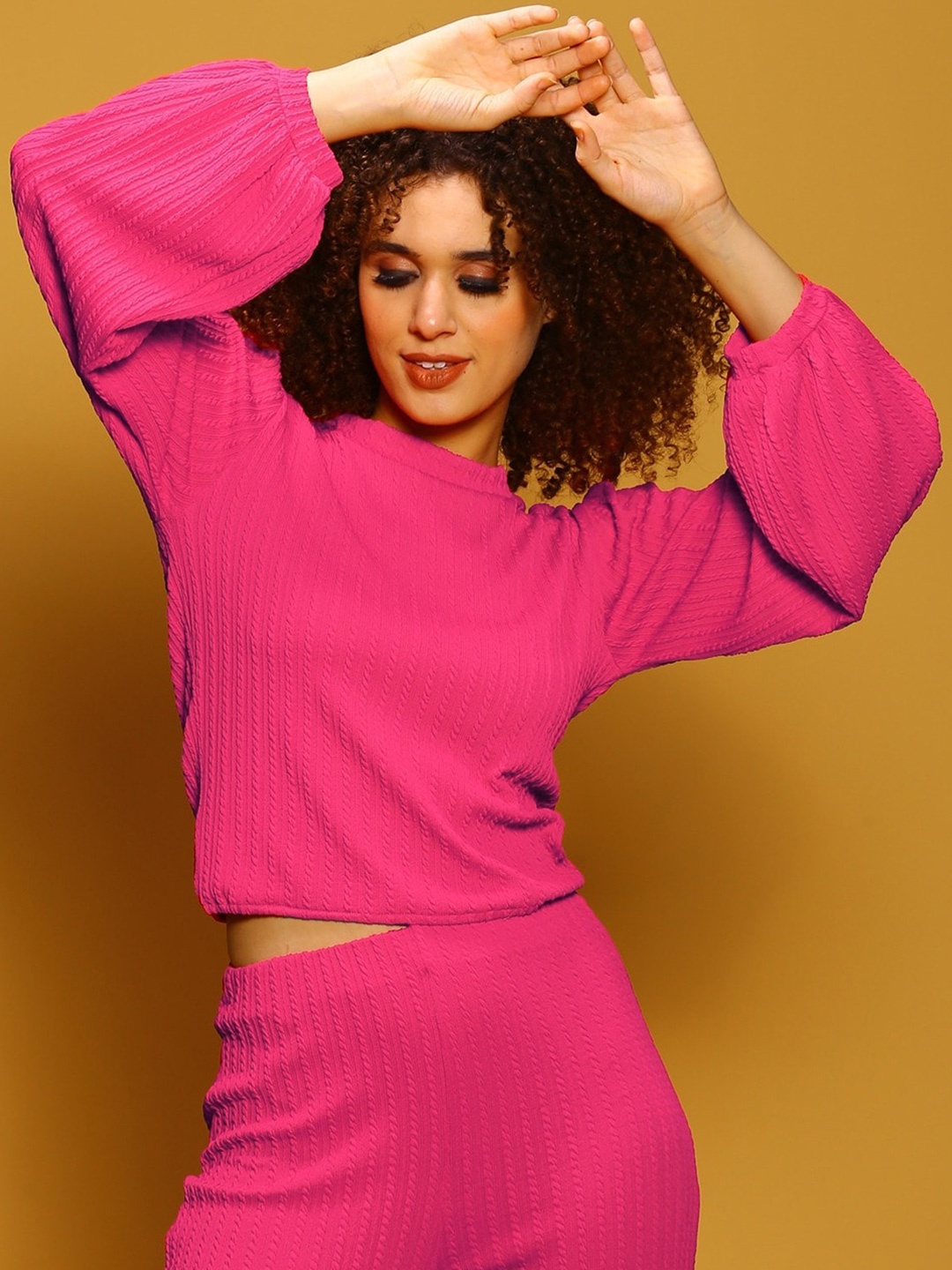 

Sera Classics Textured Rib Flared Sleeves Casual Crop Top, Fuchsia