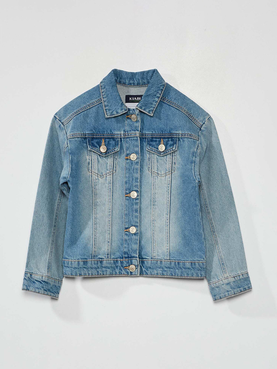 

KIABI Girls Washed Crop Denim Pure Cotton Jacket, Blue