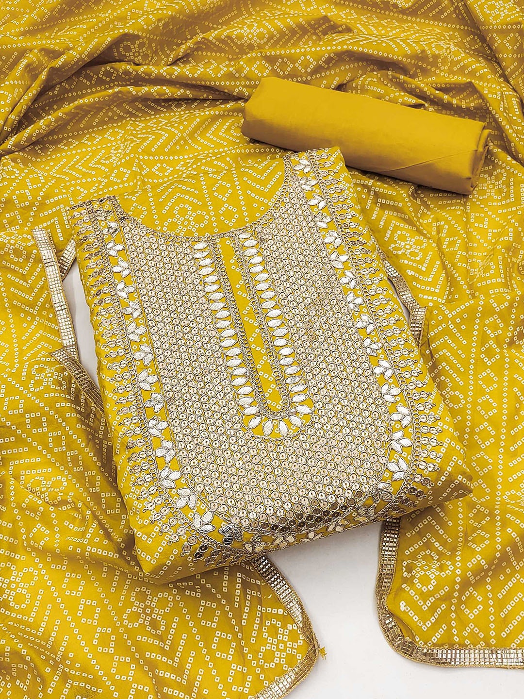 

KALINI Bandhani Printed Gotta PattiUnstitched Dress Material, Yellow