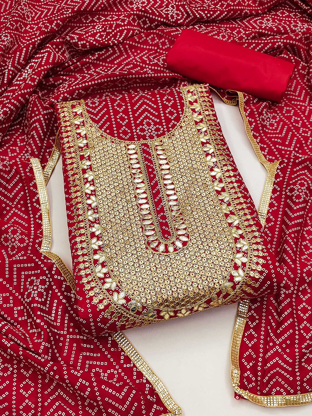 

KALINI Bandhani Printed Sequined Chanderi Silk Unstitched Dress Material, Red