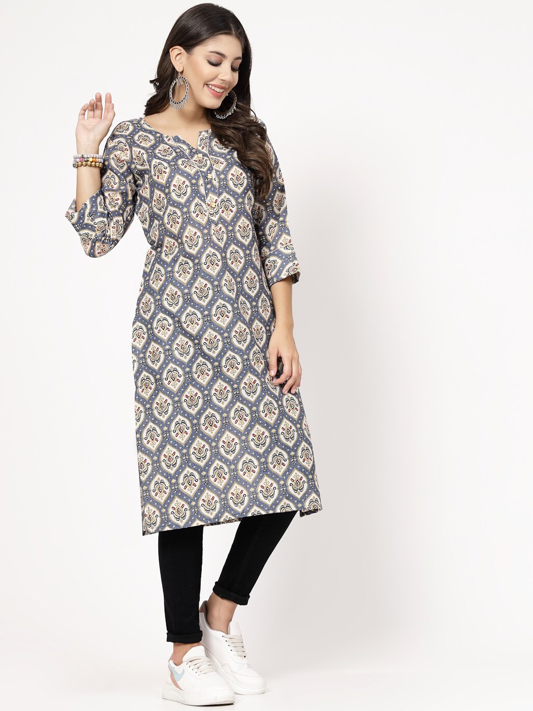 

KALINI Ethnic Motifs Printed Cotton Straight Kurta, Grey