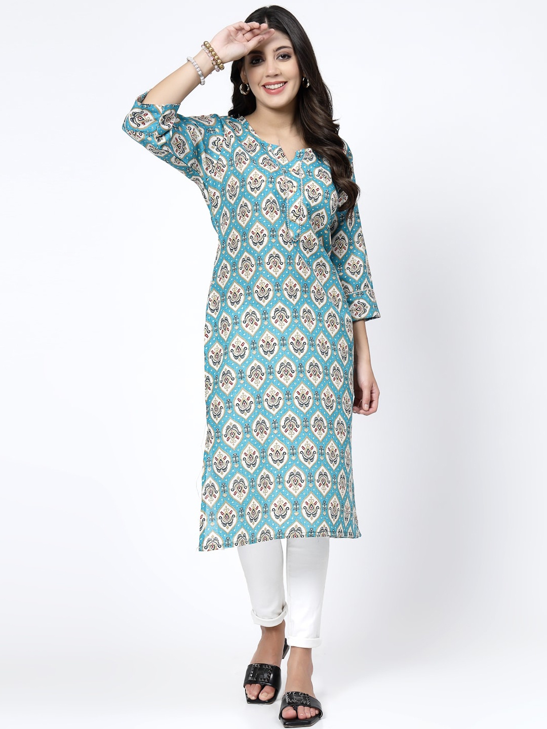 

KALINI Ethnic Motifs Printed Notched Round Neck Cotton Straight Kurta, Blue