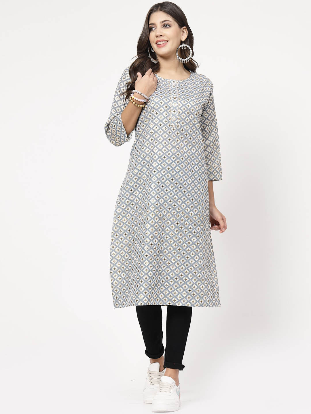 

KALINI Geometric Floral Beads & Stones Cotton A-Line Kurta, Grey