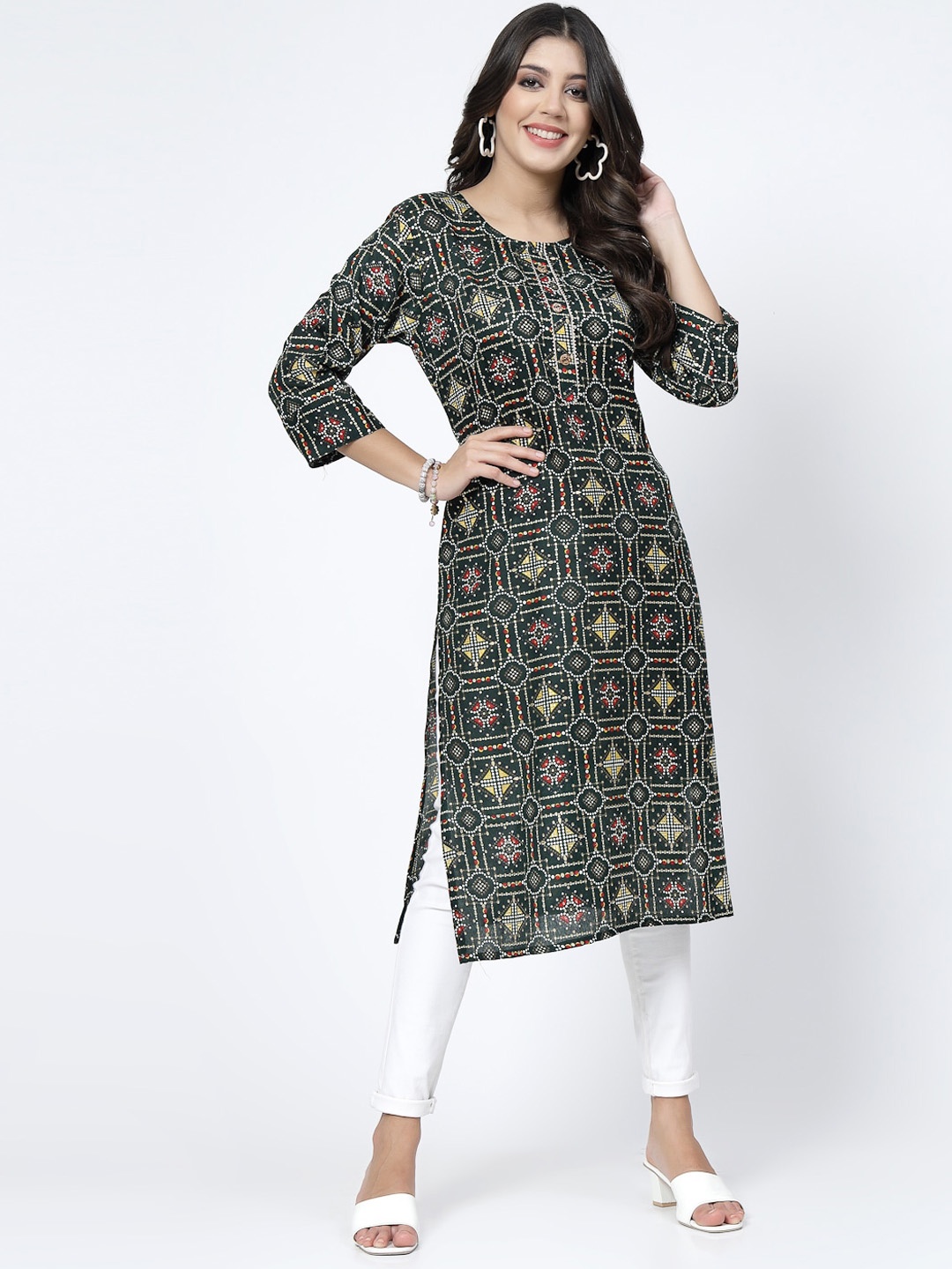 

KALINI Bandhani Printed Cotton Straight Kurta, Green