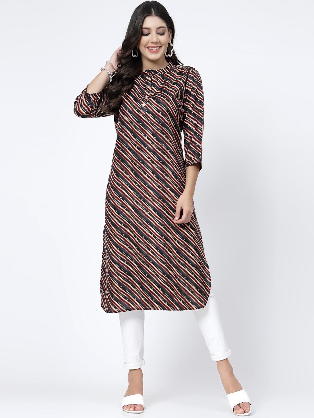 KALINI Striped Band Collar Pure Cotton Kurta, Black