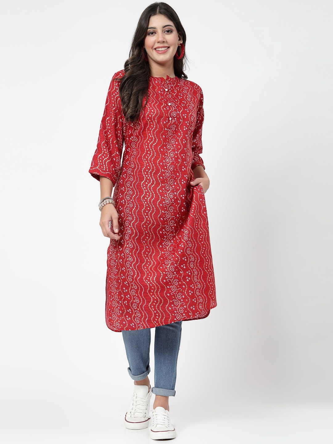 

KALINI Bandhani Printed Mandarin Collar Cotton Straight Kurta, Red
