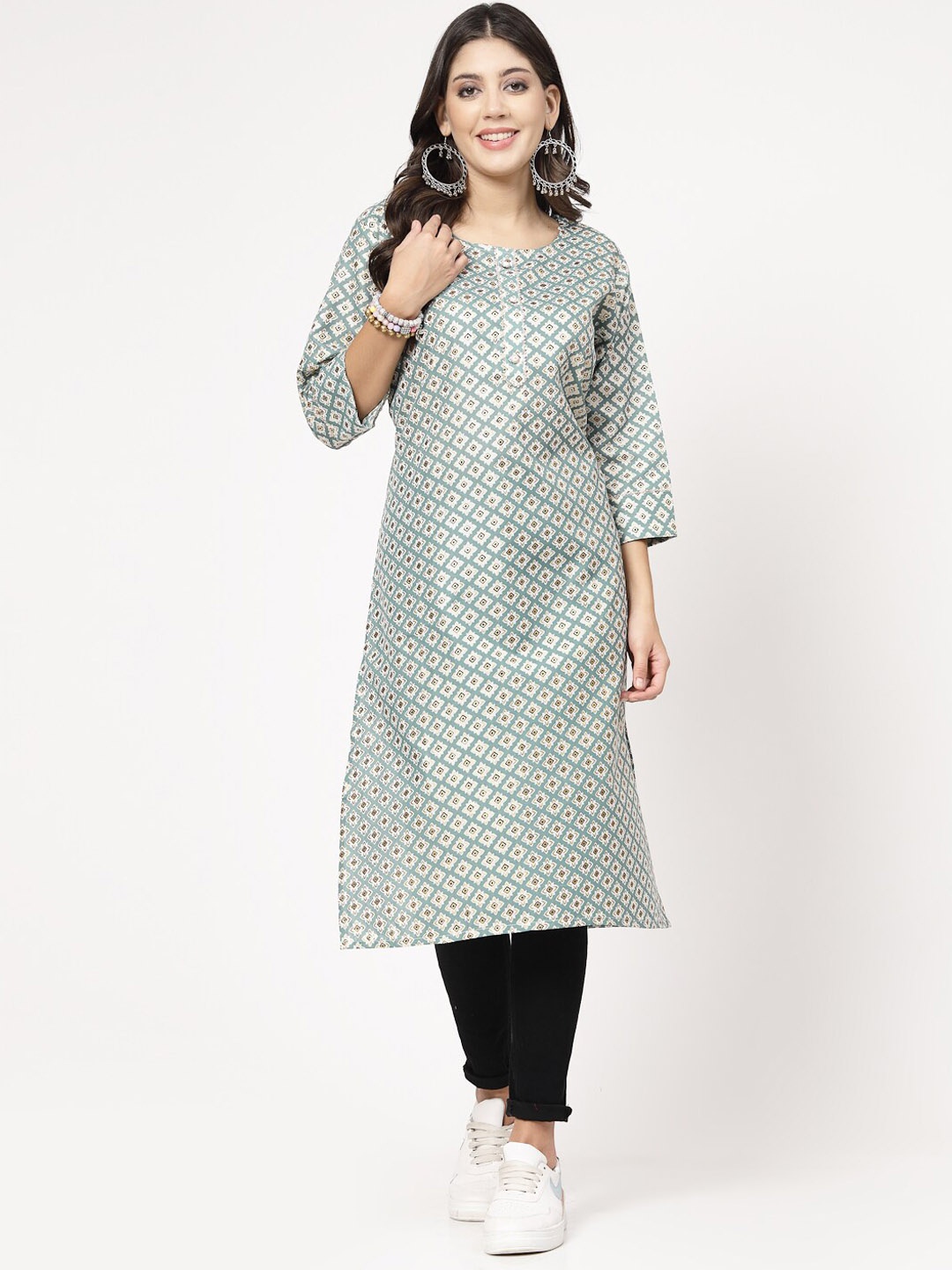 

KALINI Floral Printed Round Neck Pure Cotton Kurta, Green