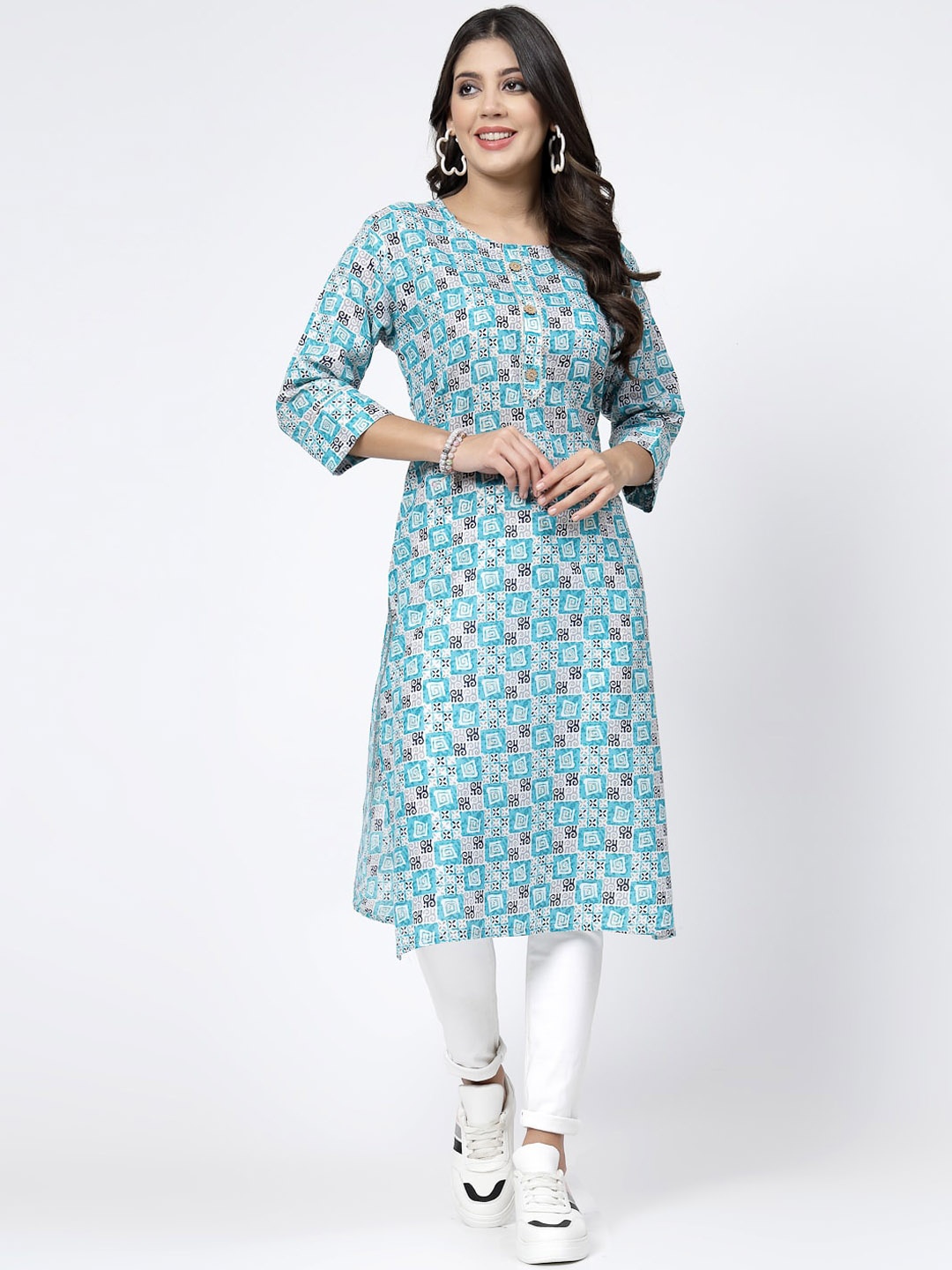 

KALINI Geometric Printed Round Neck Cotton Straight Kurta, Blue