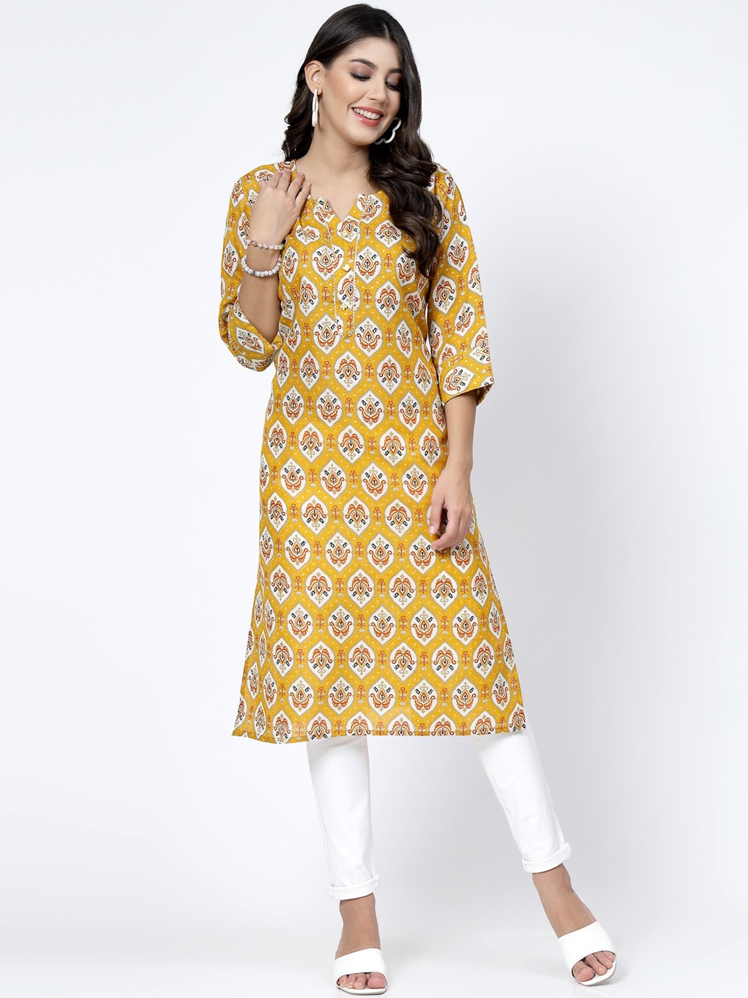 

KALINI Ethnic Motifs Printed Gotta Patti Pure Cotton Straight Kurta, Yellow
