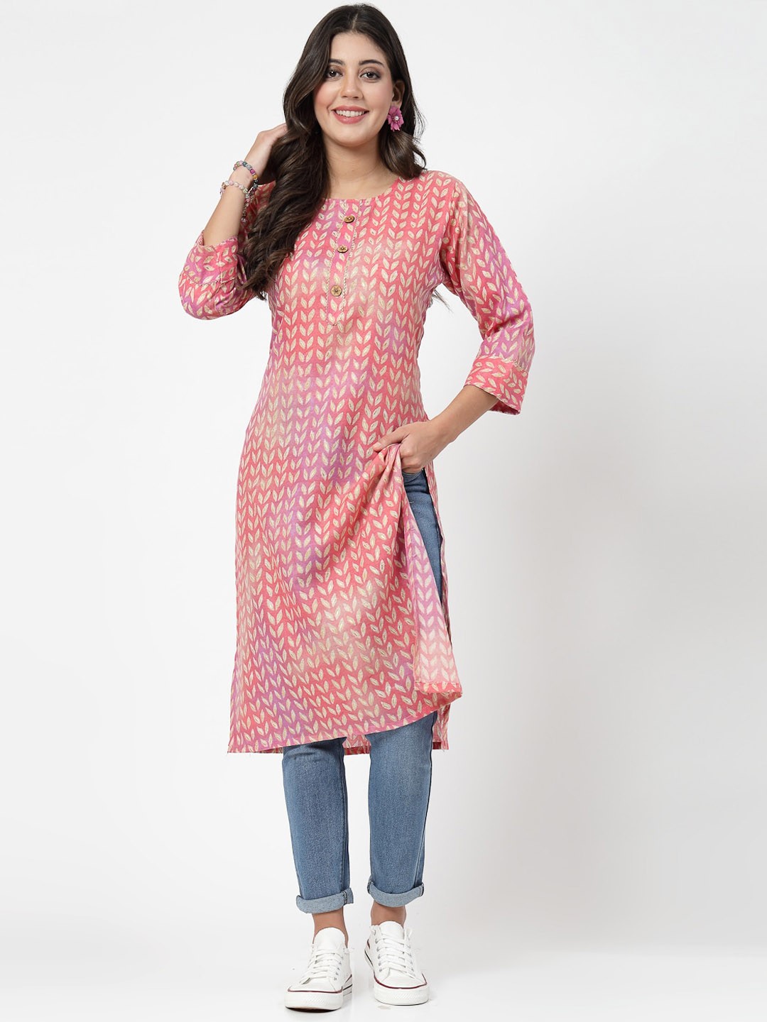 

KALINI Ethnic Motifs Printed Pure Cotton Kurta, Pink