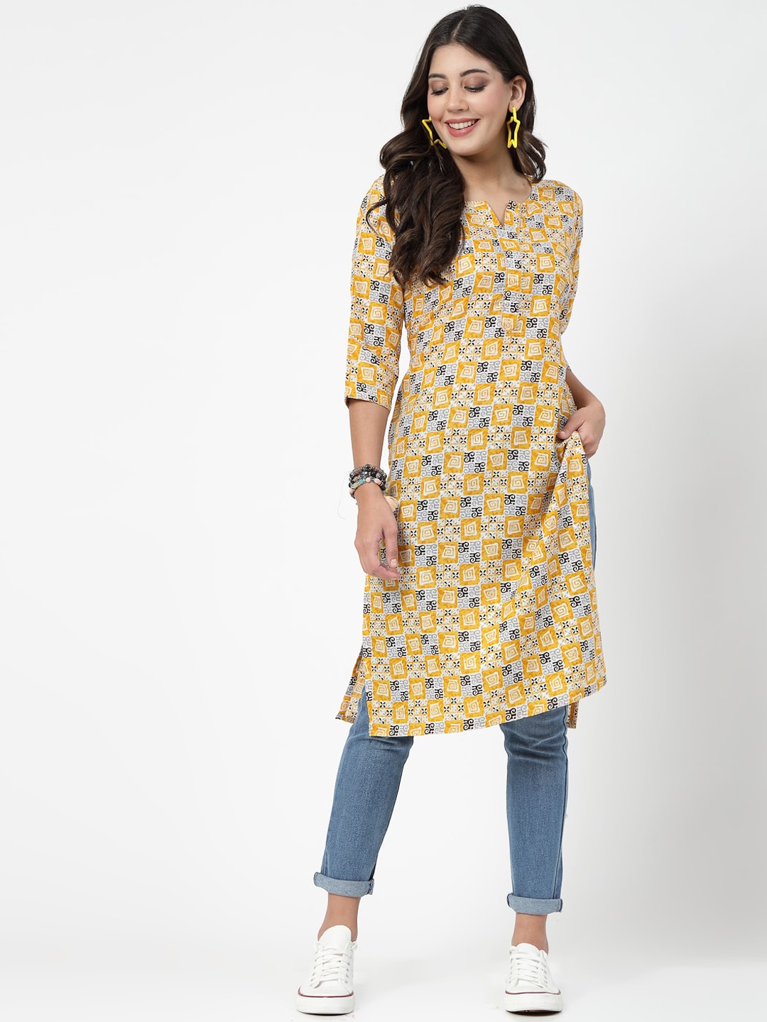 

KALINI Geometric Printed Cotton Straight Kurta, Yellow