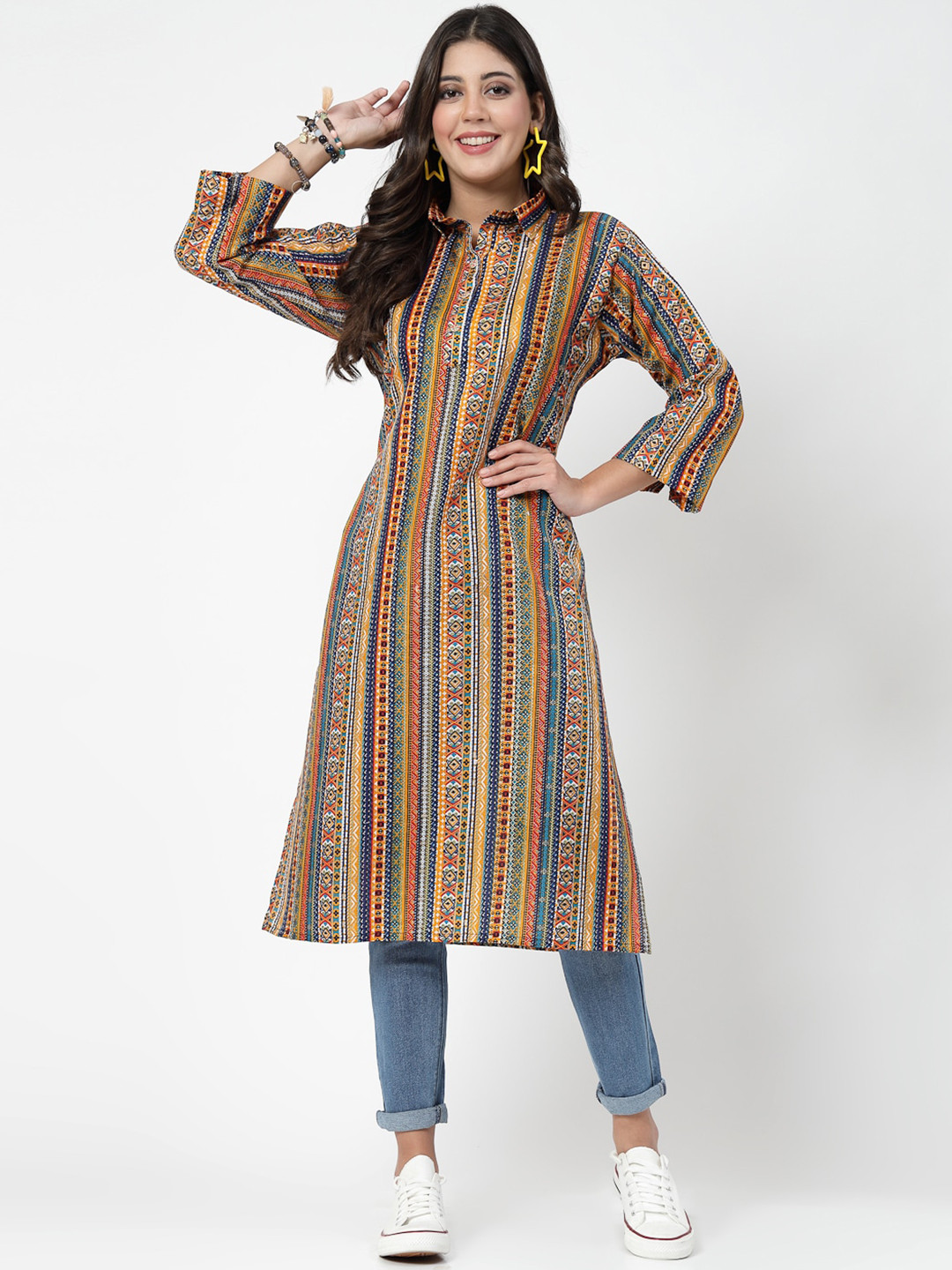 

KALINI Ethnic Motifs Printed Shirt Collar Cotton Kurta, Yellow
