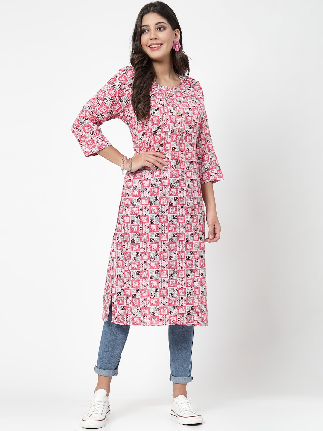 KALINI Floral Printed Pure Cotton Round Neck Kurta, Pink