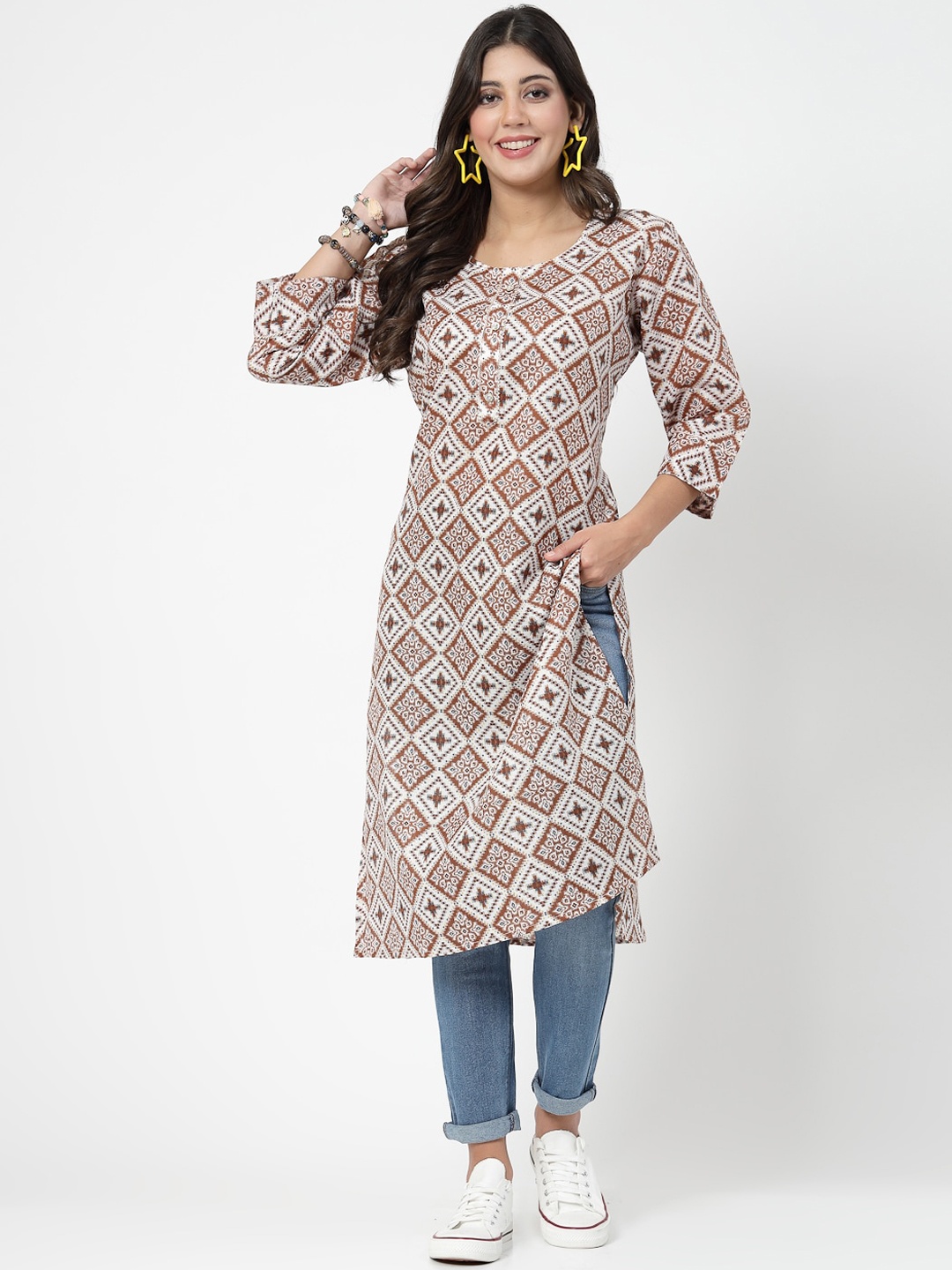 

KALINI Geometric Printed Pure Cotton Kurta, Brown