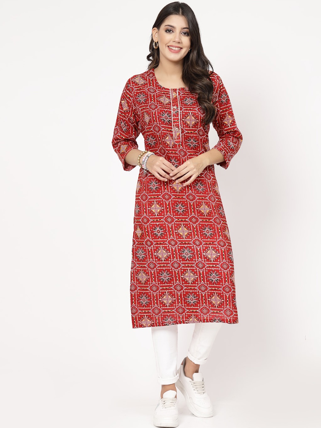 

KALINI Ethnic Motifs Printed Straight Cotton Kurta, Red