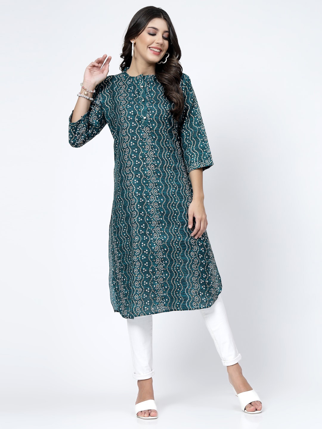 

KALINI Bandhani Printed Mandarin Collar Pure Cotton Straight Kurta, Teal