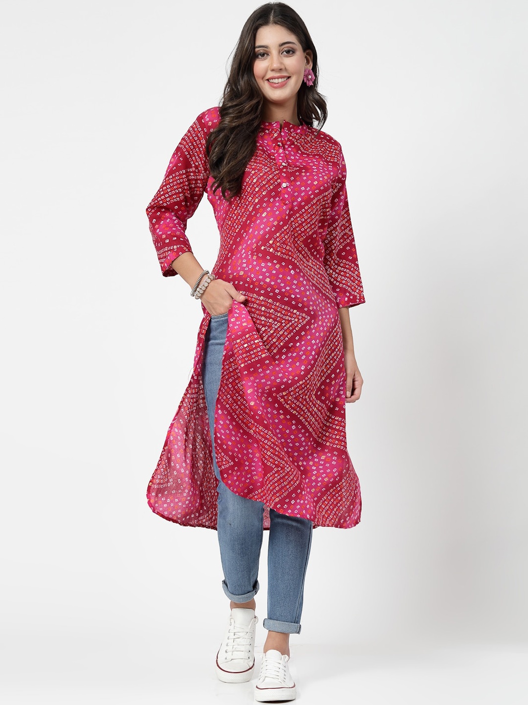 

KALINI Bandhani Printed Mandarin Collar Cotton Straight Kurta, Pink