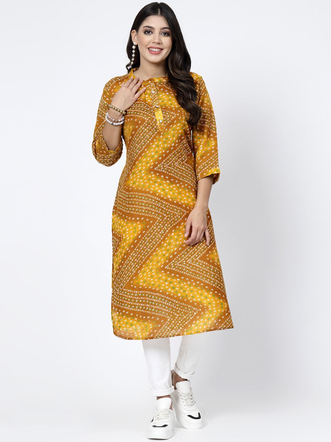 

KALINI Bandhani Printed Mandarin Collar Cotton Straight Kurta, Yellow