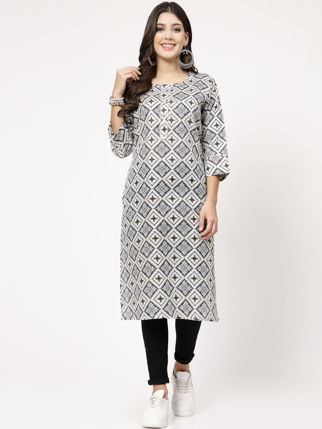 

KALINI Geometric Printed Cotton Kurta, Grey