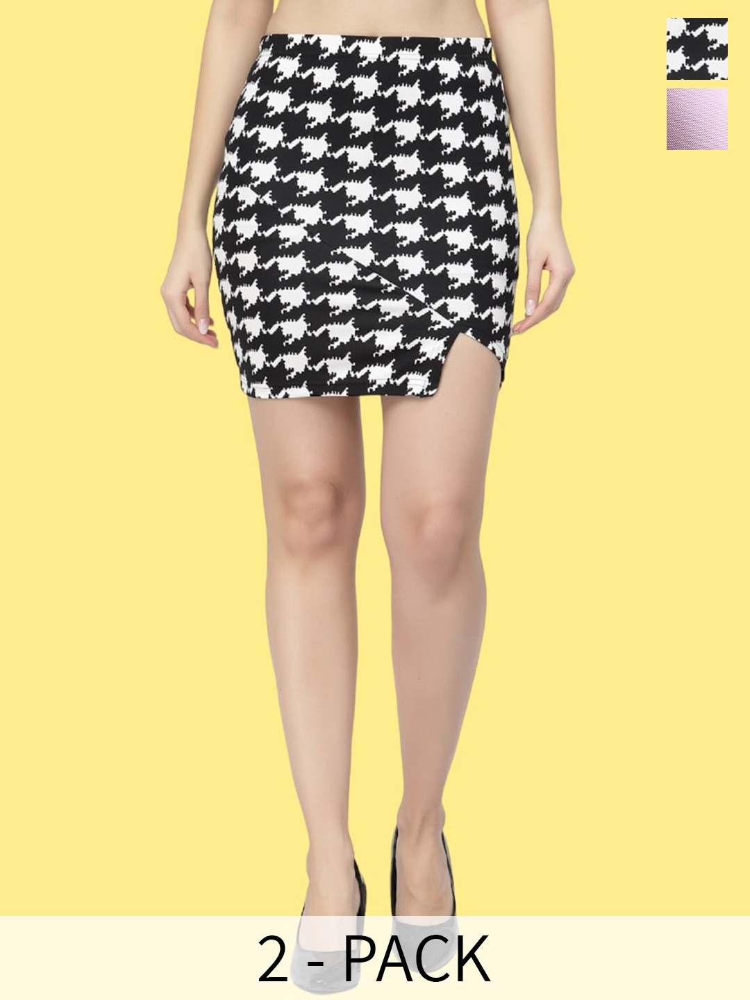 

Popwings Pack Of 2 Geometric Printed Pencil Mini Casual Skirts, Pink