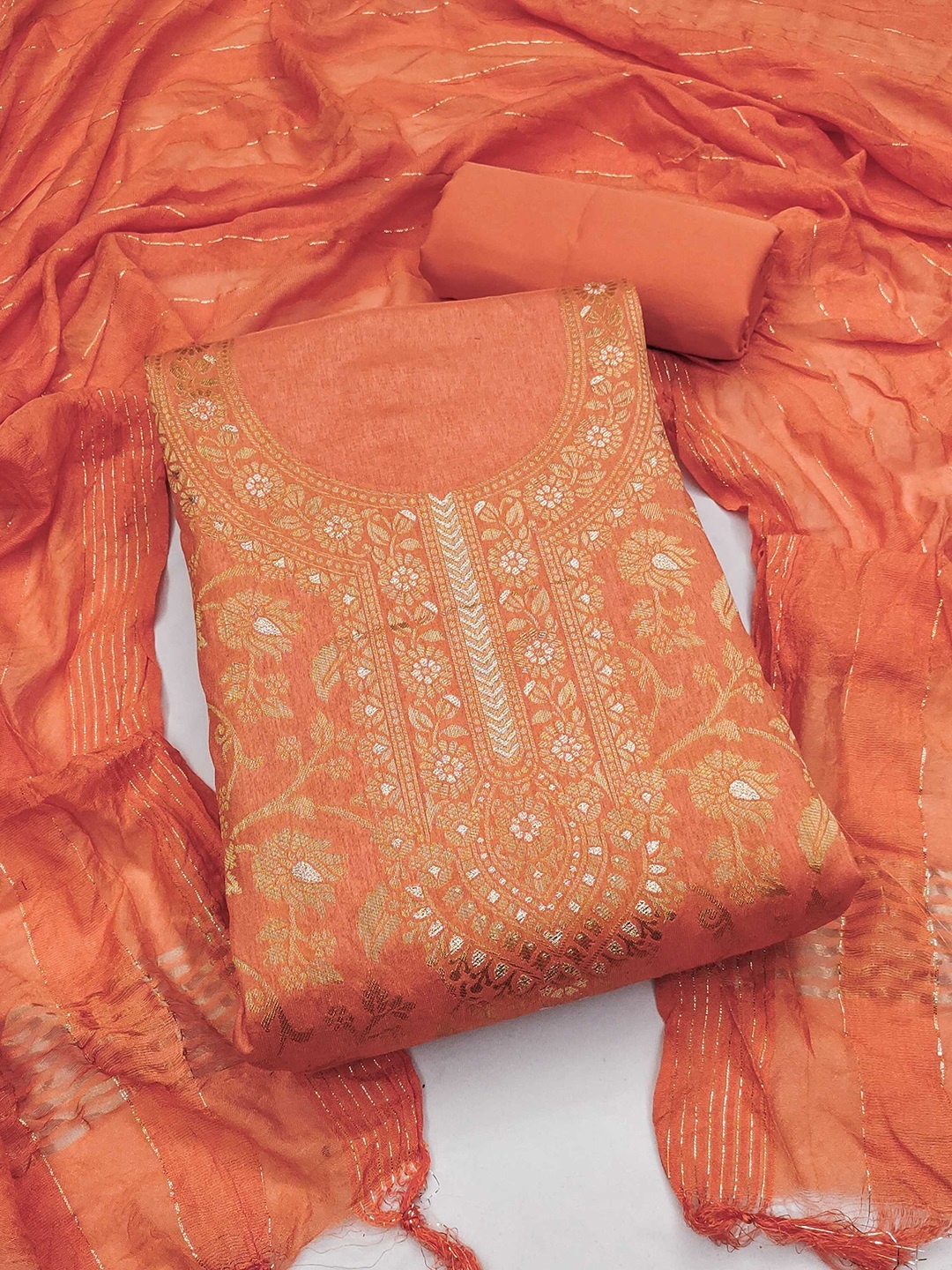 

KALINI Floral Printed Dola Chanderi Silk Unstitched Dress Material, Orange