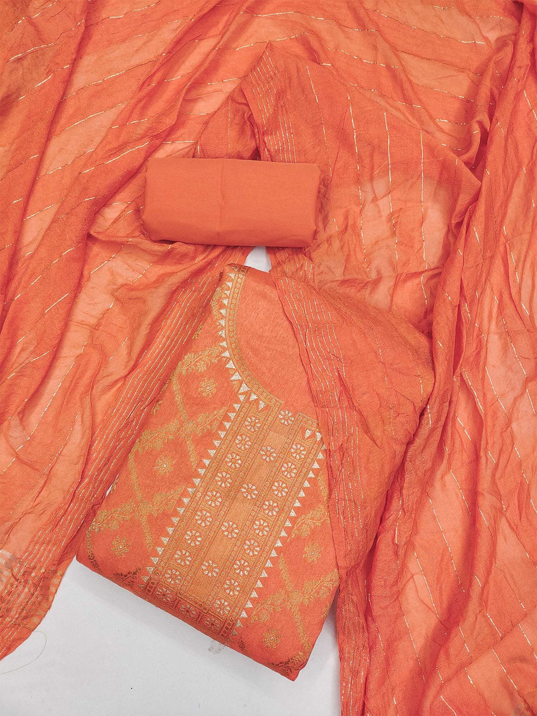 

KALINI Ethnic Motifs Woven Design Chanderi Silk Unstitched Dress Material, Orange