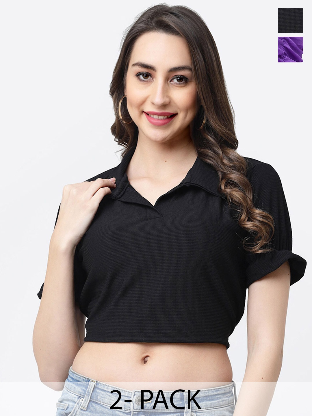 

MISS AYSE Pack of 2 Shirt Collar Crop Casual Casual Top, Black