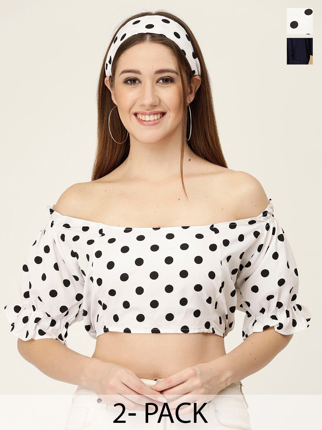 

MISS AYSE Pack of 2 Polka Dot Printed Off-Shoulder Bardot Crop Tops, White