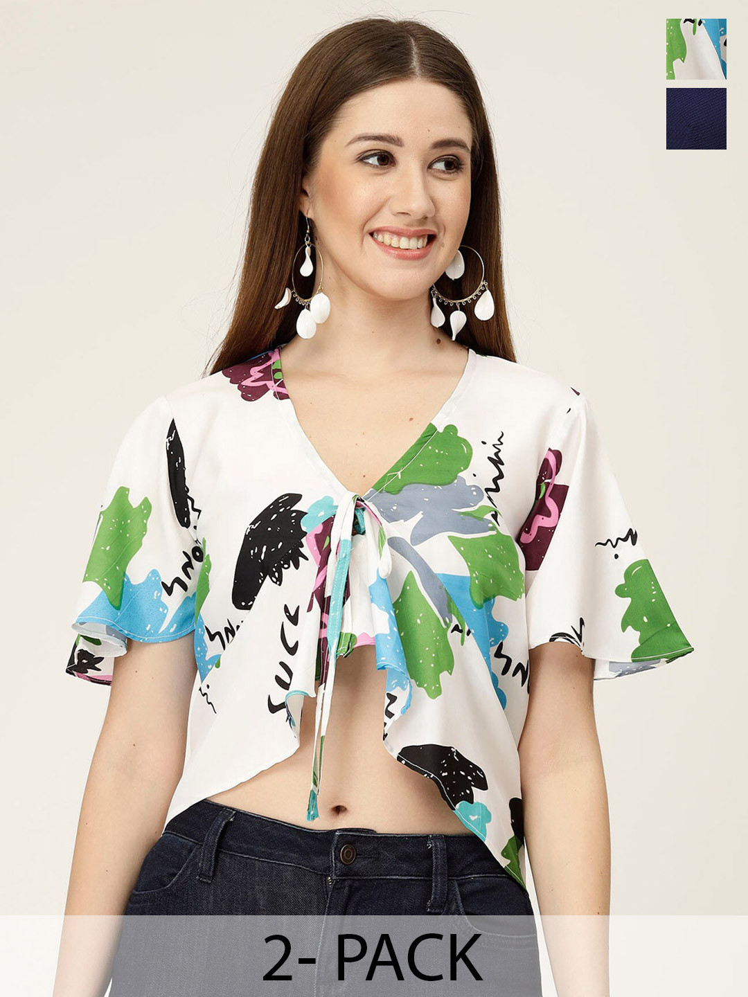 

MISS AYSE Pack of 2 V-Neck Abstract Printed Flared Sleeve Crop Top, White