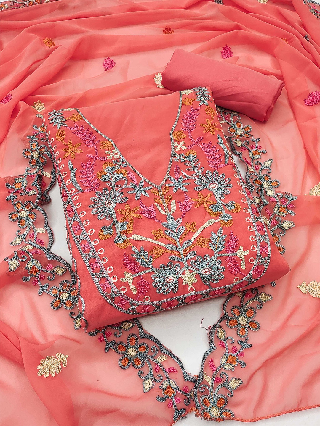 

KALINI Floral Embroidered Unstitched Dress Material, Peach