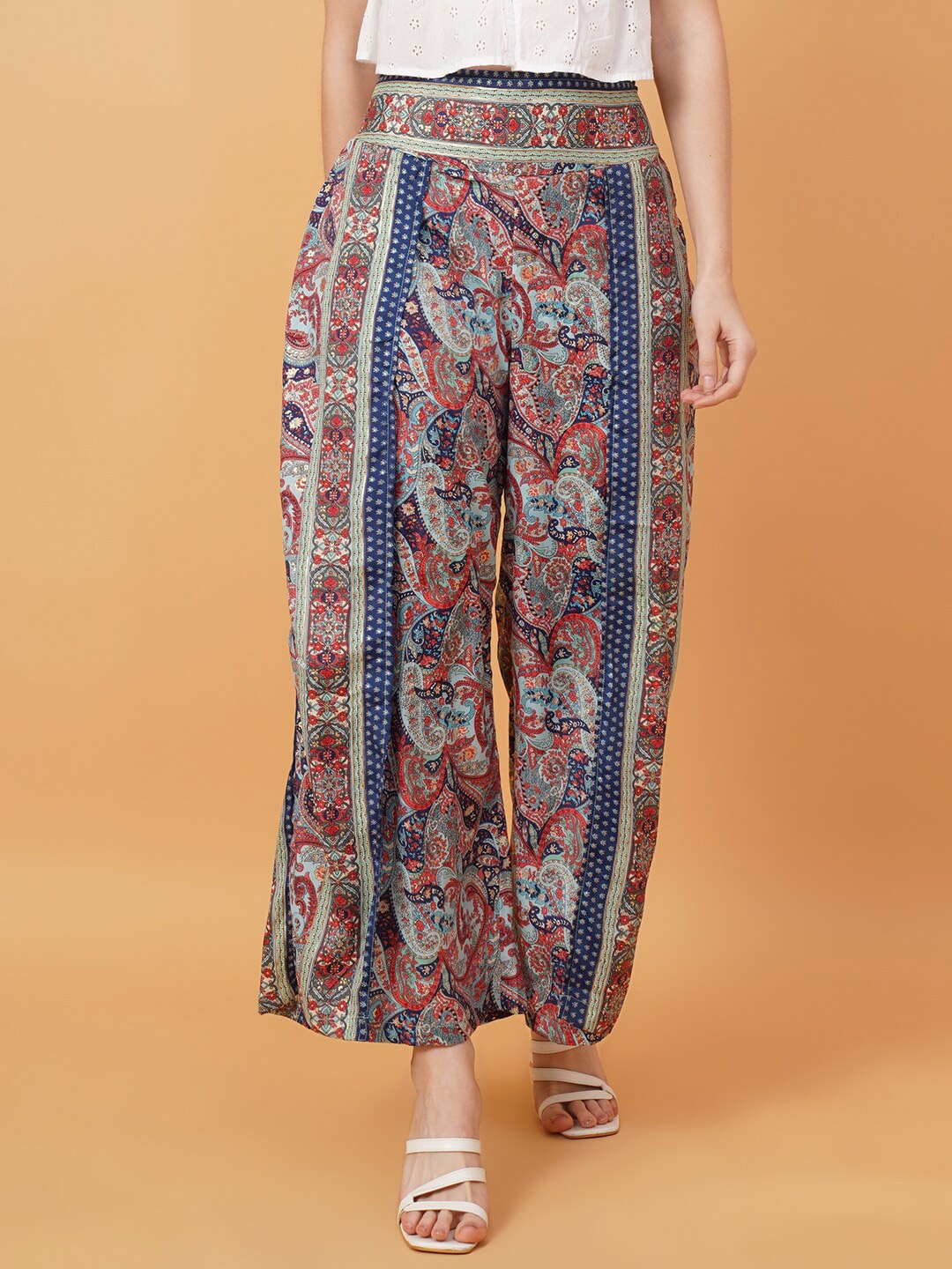 

IX IMPRESSION Ethnic Motifs Printed Silk Wide Leg Palazzos, Blue