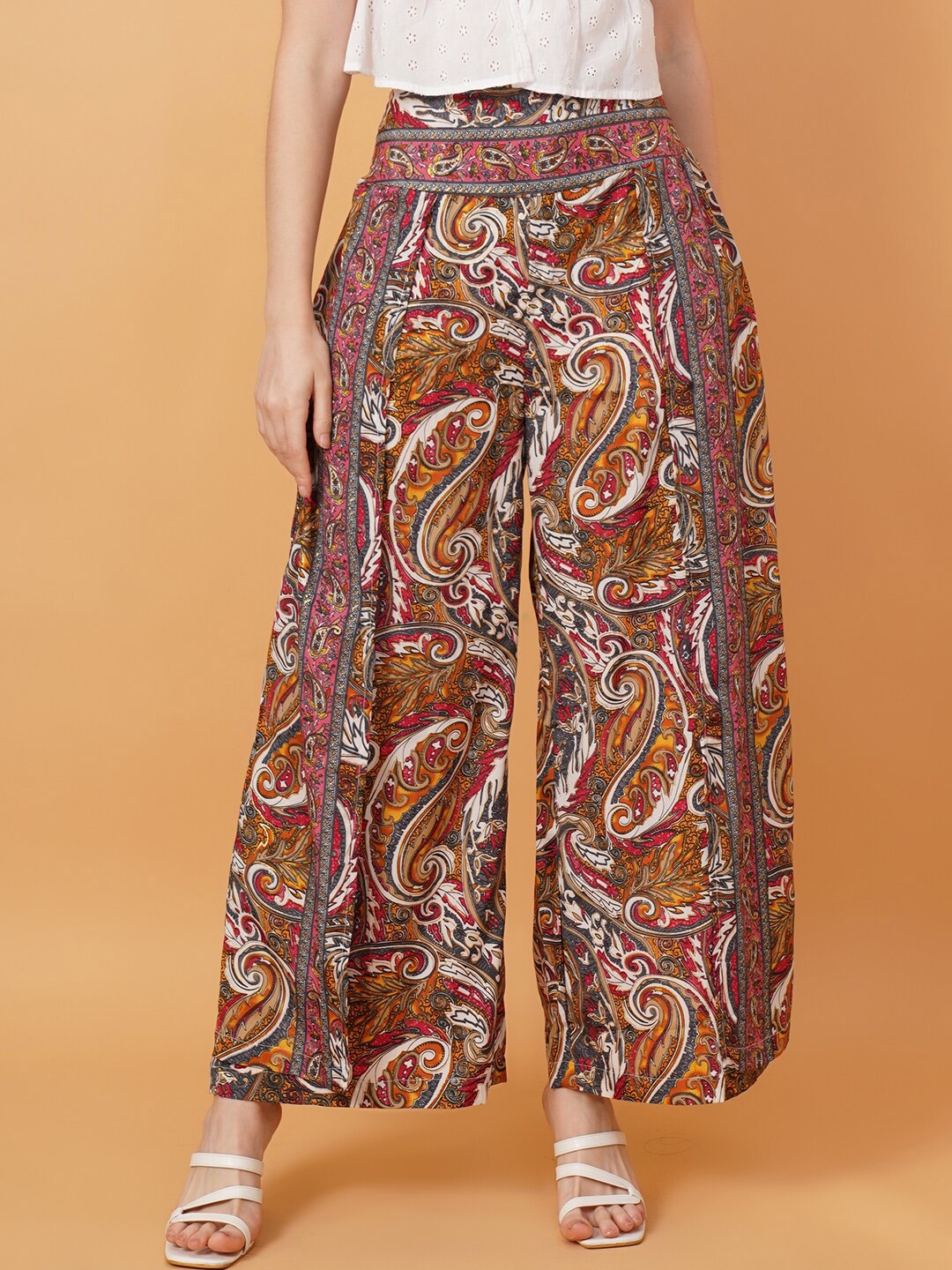 

IX IMPRESSION Paisley Motifs Printed Wide Leg Silk Palazzos, Pink