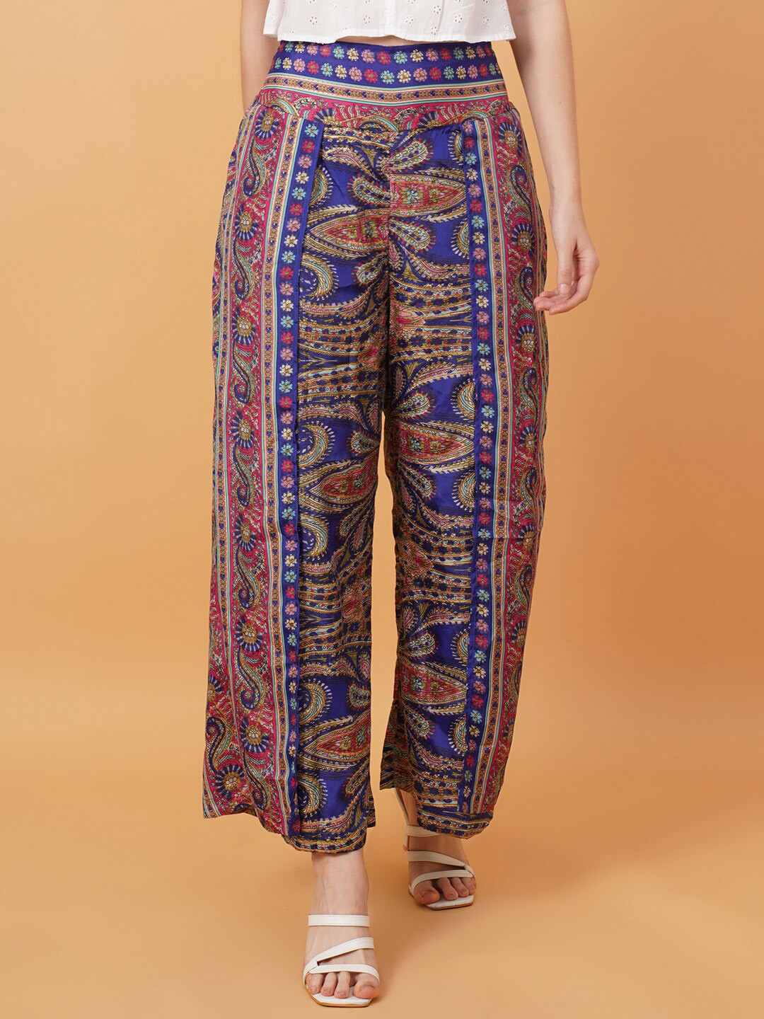 

IX IMPRESSION Ethnic Motifs Printed Wide Leg Silk Palazzos, Blue