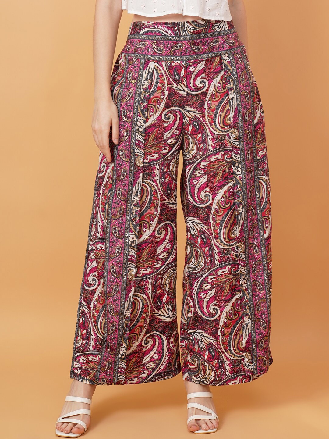 

IX IMPRESSION Ethnic Motifs Printed Wide Leg Silk Palazzos, Pink