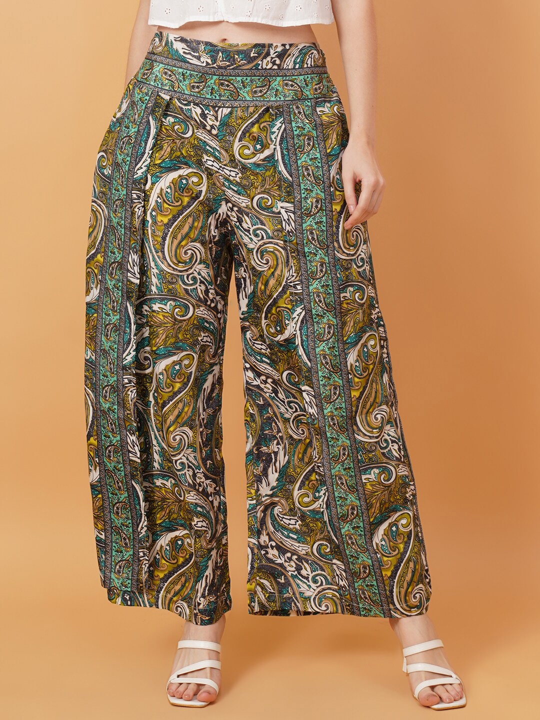 

IX IMPRESSION Ethnic Motifs Printed Wide Leg Silk Palazzos, Green