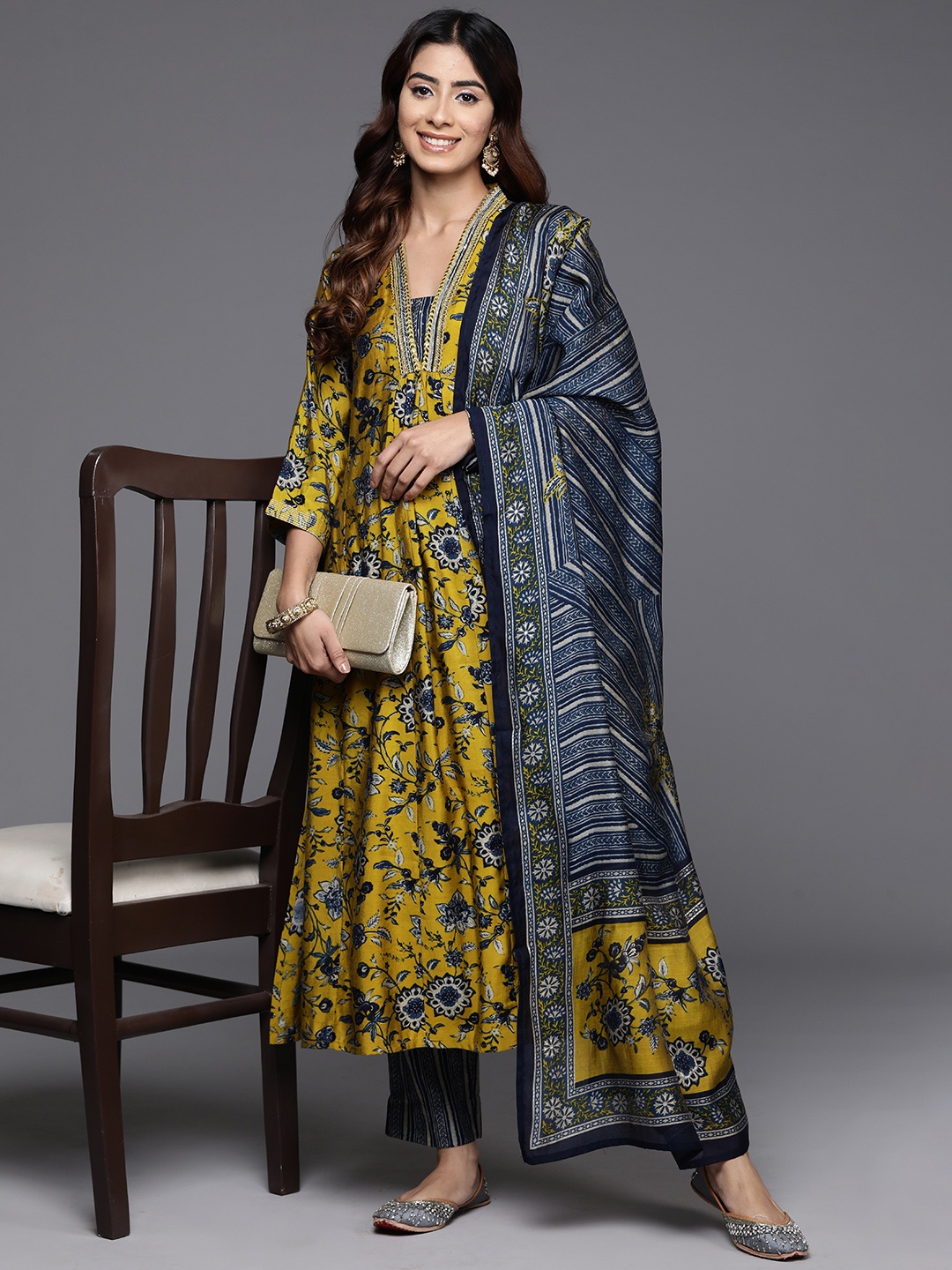 

Varanga Floral Printed Sequinned Chanderi Silk Straight Kurta With Trouser & Dupatta, Mustard