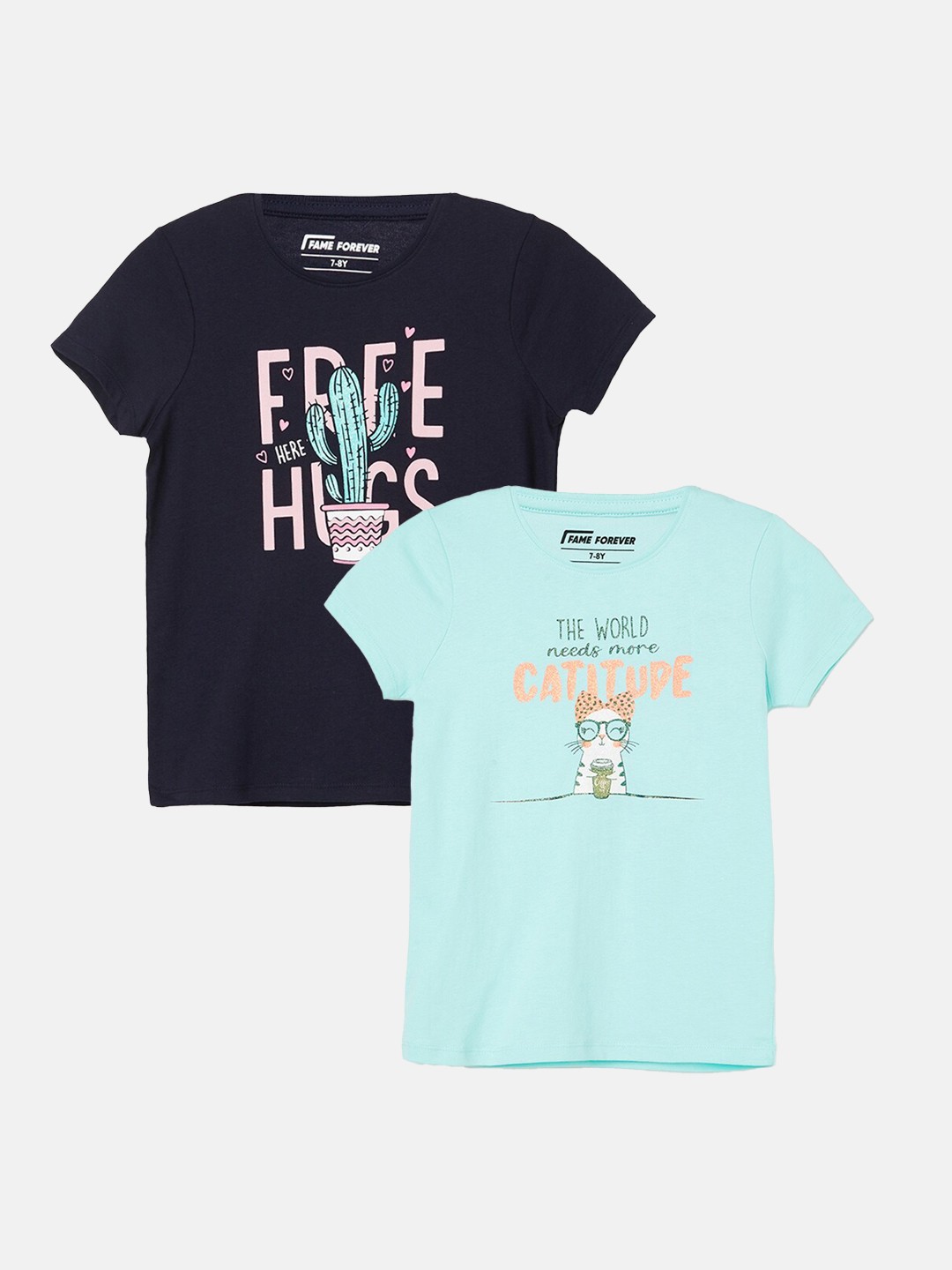 

Fame Forever by Lifestyle Girls Pack Of 2 Printed Cotton T-Shirts, Blue