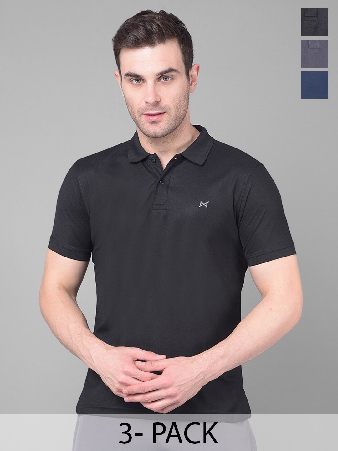 

Force NXT Men Pack Of 3 Anti Viral Anti Odour Cool Collared Polo Sports Solid T-Shirts, Black