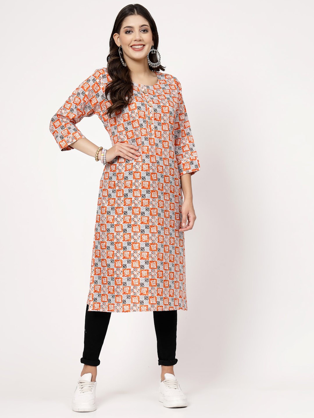 

KALINI Geometric Printed Gotta Patti Straight Pure Cotton Kurta, Orange