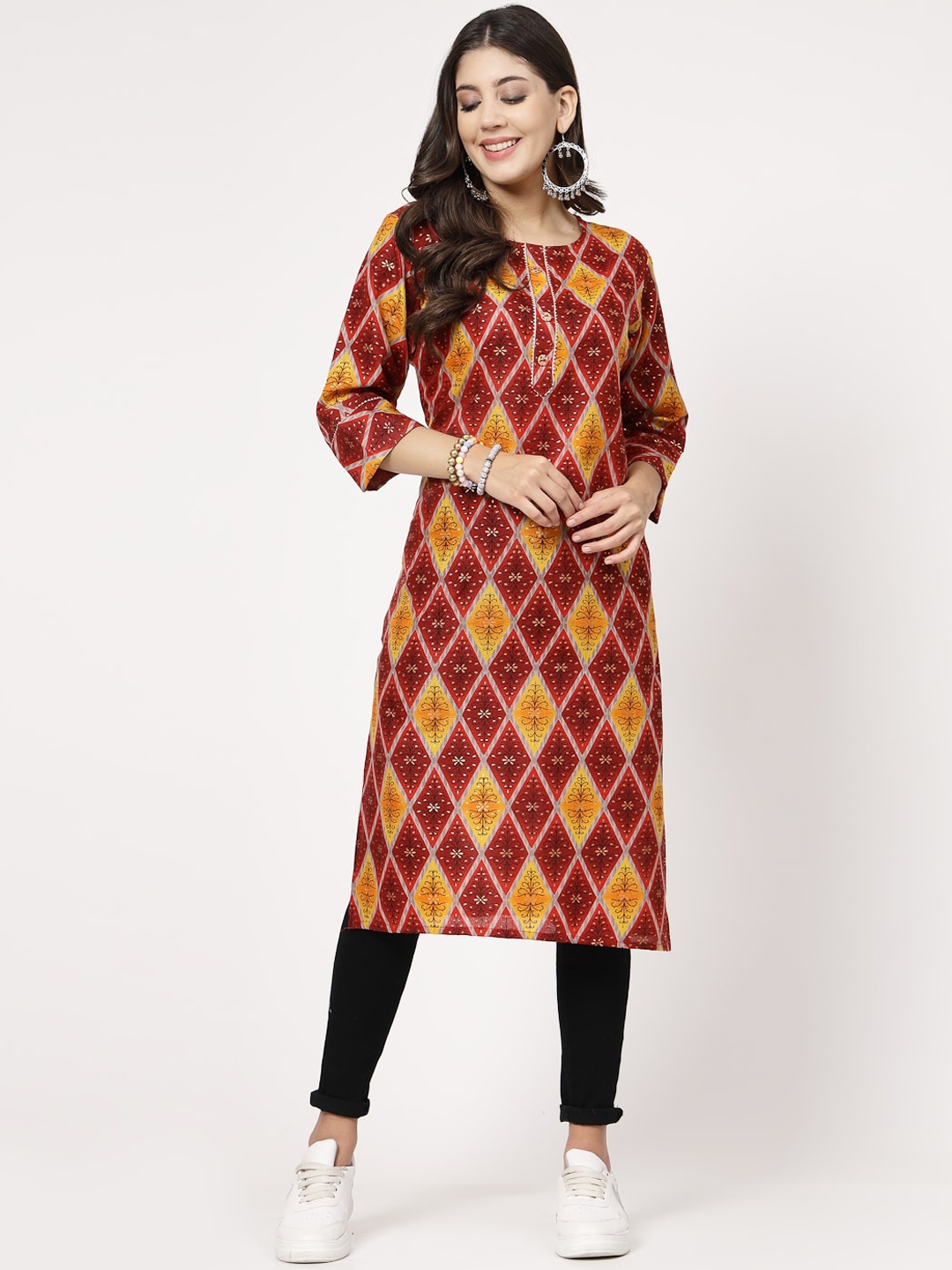 

KALINI Geometric Printed Gotta Patti Pure Cotton Straight Kurta, Red