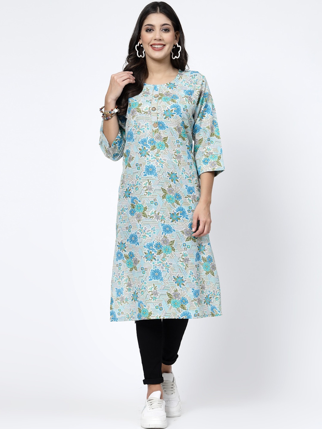 

KALINI Floral Printed Gotta Patti Straight Pure Cotton Kurta, Blue