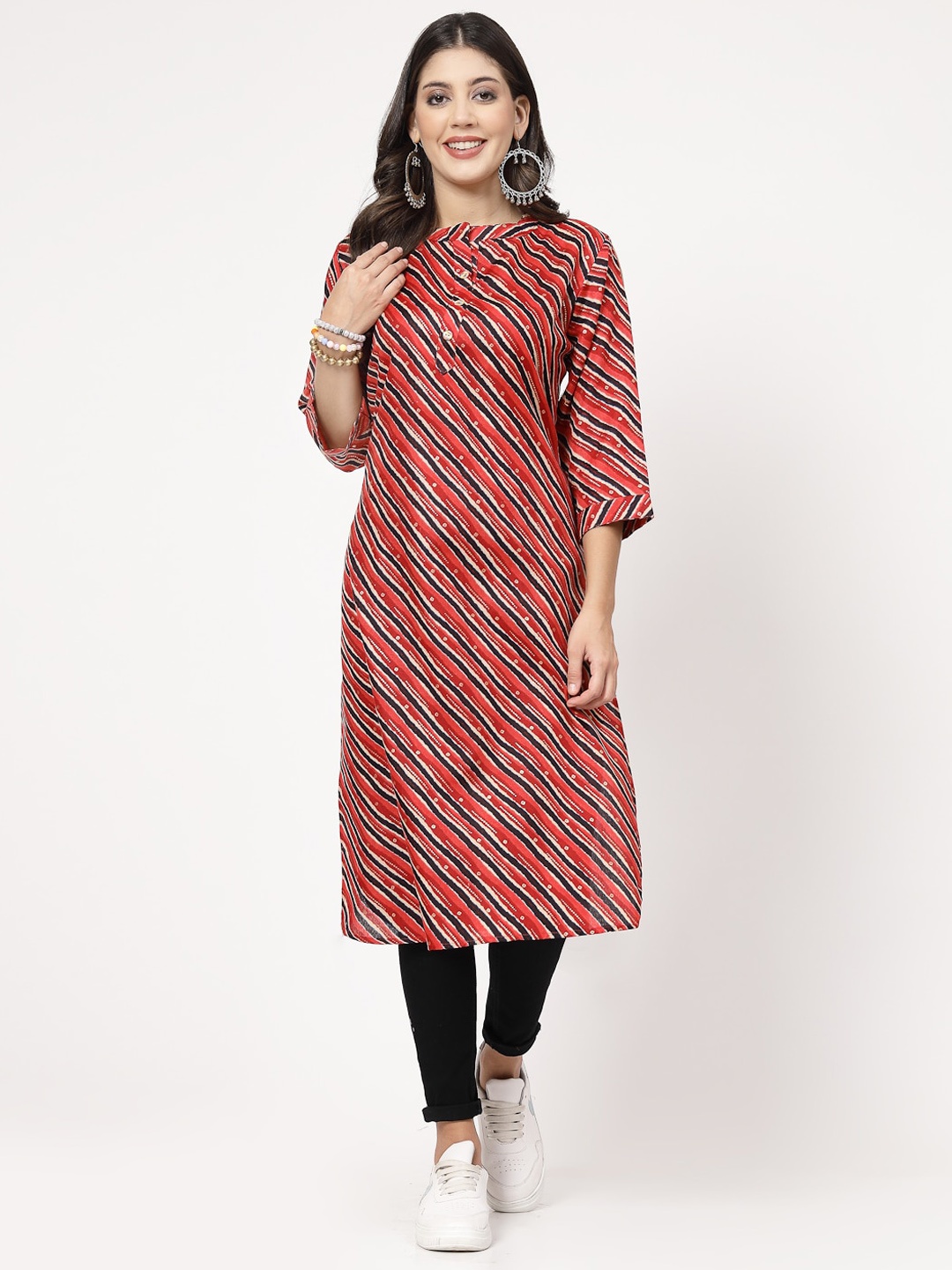 

KALINI Striped Mandarin Collar Straight Pure Cotton Kurta, Red