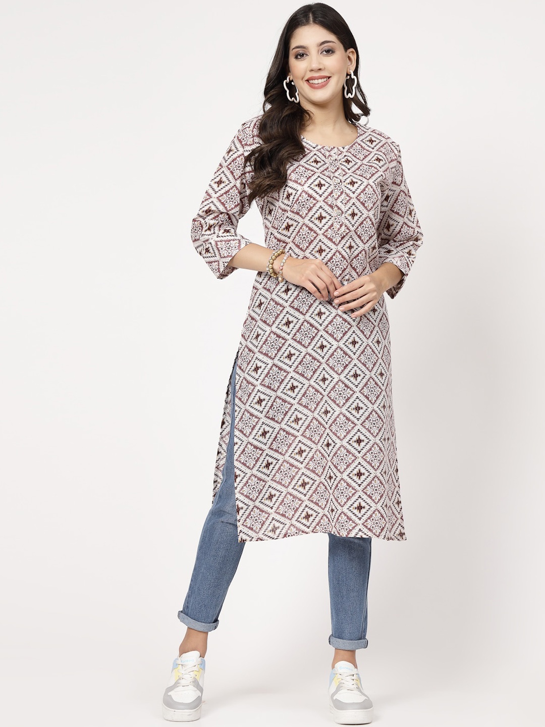 

KALINI Ethnic Motifs Printed Gotta Patti Pure Cotton Straight Kurta, Maroon